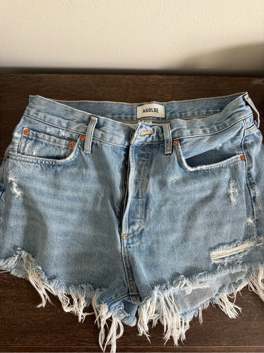 Agolde Light Wash Distressed Denim Cutoff Shorts